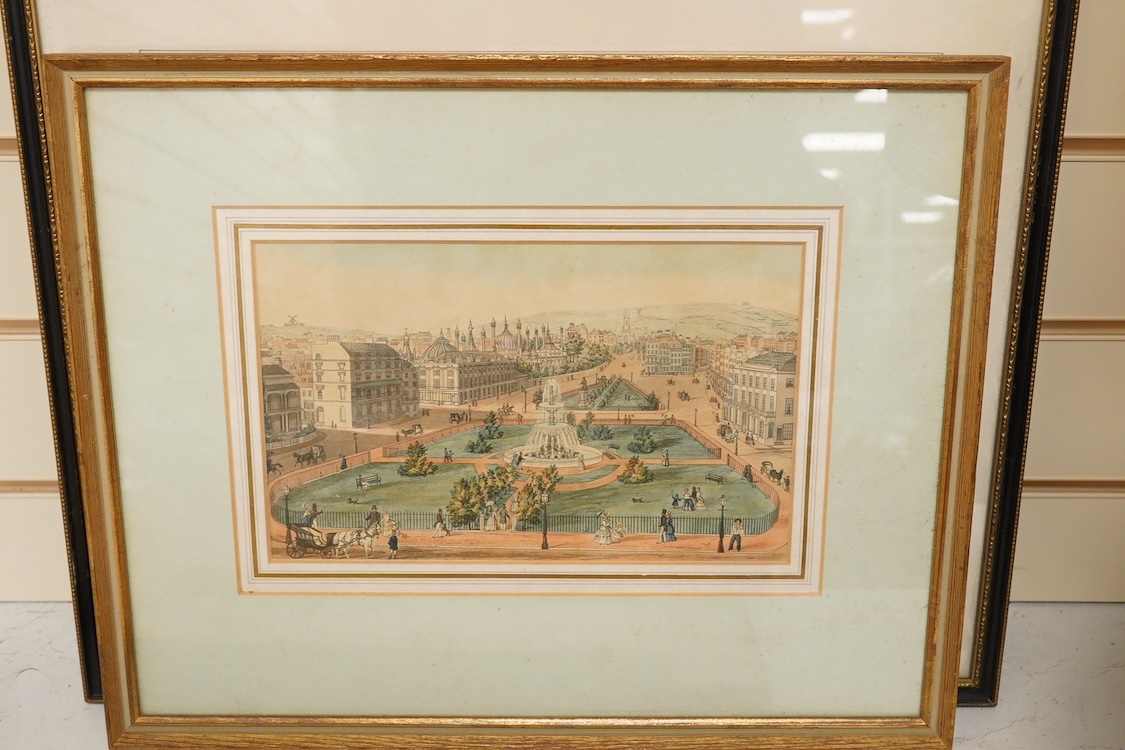 A collection of Brighton interest prints, 19th century and later to include: the Interior of The Newmarket Place, The Parish Church, Brighton and Brighton Town Hall and Market, largest 20 x 30cm, each framed